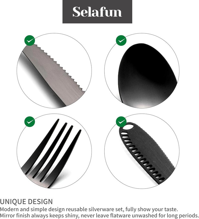 Selafun 5-pieces Travel Set with Case Portable Silverware Utensils Set for work, Stainless Steel Reusable Flatware Set Cutlery Set for Camping Picnic Hiking Office, (matte black, 5.9) - Image 3